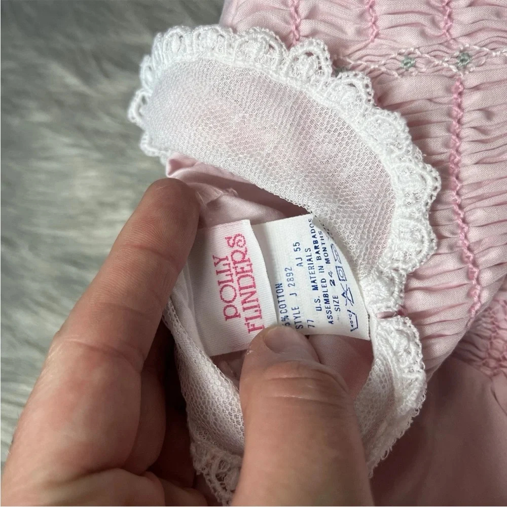 Vintage Polly Flinders Girls Pink White Smocked Ruffle Lace Dress